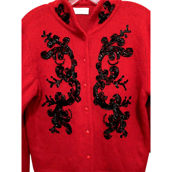 Beaded Vintage SILK ANGORA Cardigan Sz MP Red Black Sequin Soft Sweater Party - Picture 3 of 16